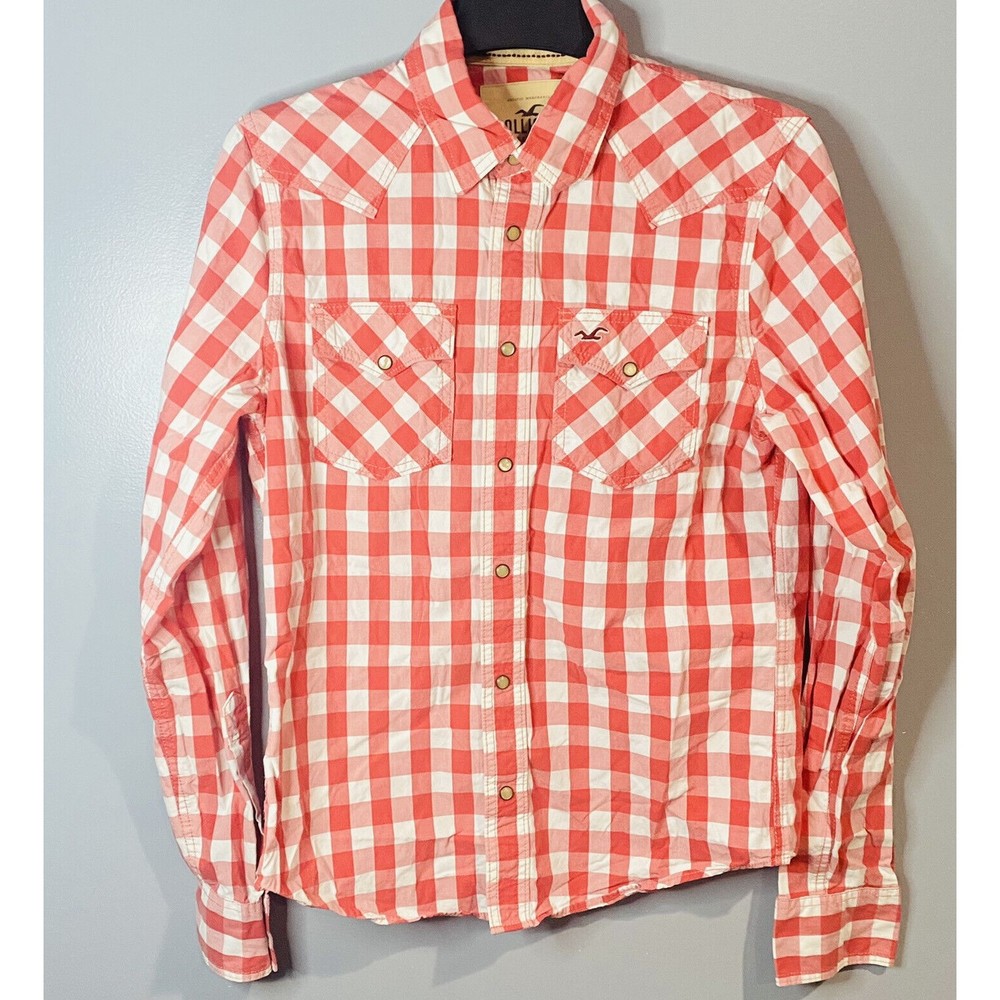 Hollister Red and White Plaid Long Sleeve Button Up Plaid Shirt Men's Size M